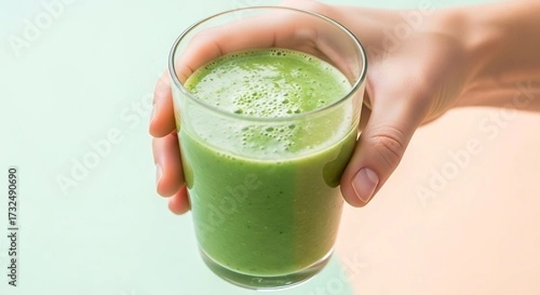 Fototapeta Hand Holding Glass of Green Smoothie with Frothy Surface in Bright Light
