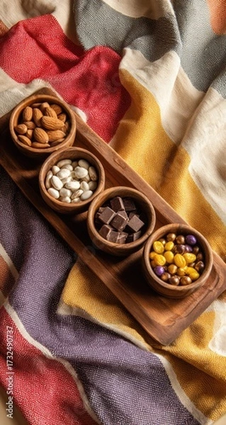 Fototapeta Wooden tray holds four small bowls filled with almonds, white beans, dark chocolate chunks, and colorful candy, resting on a striped fabric