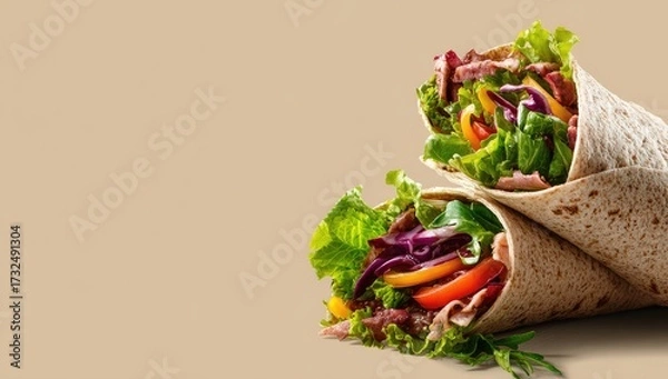 Fototapeta Two savory wraps filled with meat, lettuce, red cabbage, bell peppers, and tomato, are artfully arranged on a neutral background.  The wraps are partially unwrapped, showcasing the vibrant fillings