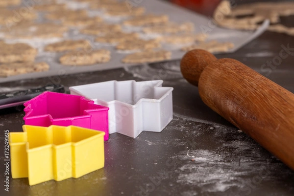 Fototapeta Close up of colourful accessories for christmas tree cookie making