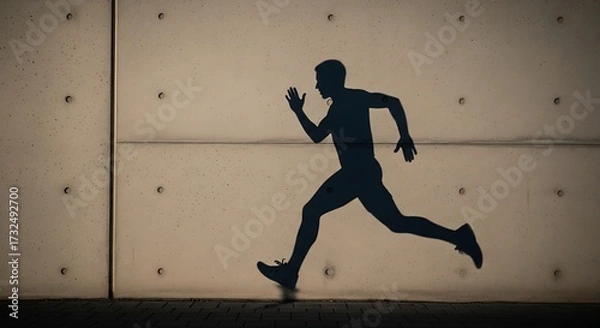 Fototapeta Running Man Shadow on Urban Wall in Motion Silhouette with Concrete Background