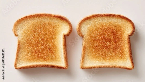 Fototapeta Two slices of golden-brown toasted bread, evenly browned, lie side-by-side on a bright white background; slightly textured surface shows light toasting