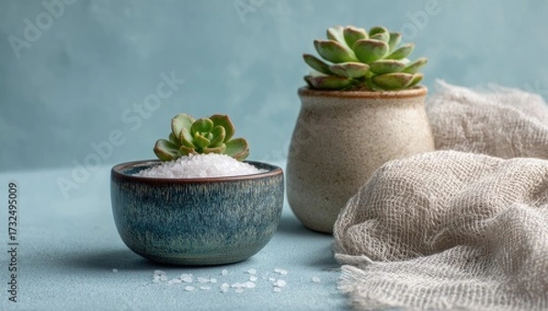 Fototapeta Two small potted succulents flank a bowl of coarse salt crystals on a teal surface, partially obscured by a linen cloth.  The scene evokes calm and serenity