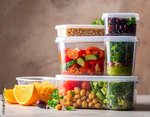 Fototapeta Colorful meal prep containers filled with various healthy foods