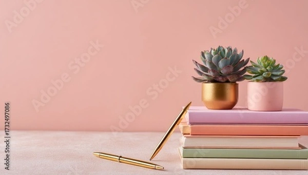 Fototapeta Two succulents in gold and blush pots rest atop a stack of pastel-colored books; a gold pen lies beside.  The scene is set against a pale pink background