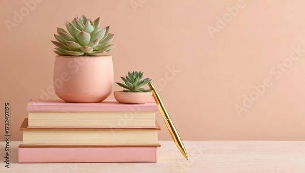 Fototapeta Two succulents in pink pots sit atop a stack of pink and cream books, with a gold pen beside them against a pale peach background