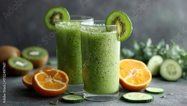 Fototapeta Two tall glasses of vibrant green smoothie, garnished with kiwi slices, sit amongst halved oranges, sliced cucumbers, and whole kiwis on a dark gray surface.  The smoothie appears thick and refreshing