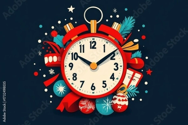 Fototapeta A festive clock illustrating the passage of time, adorned with holiday-themed decorations
