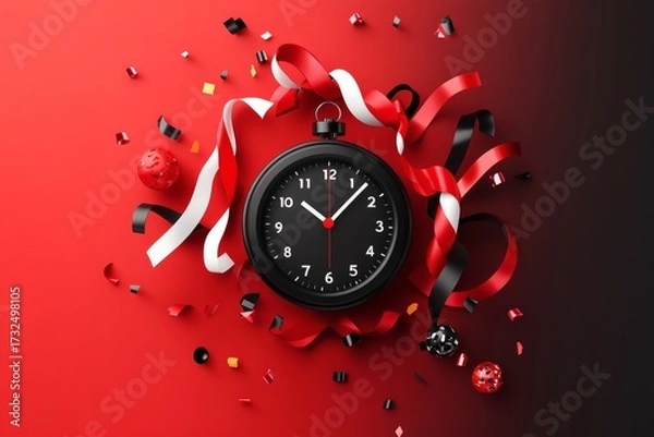 Fototapeta A stylish clock encircled by ribbons and confetti, signifying a moment of anticipation or a special event