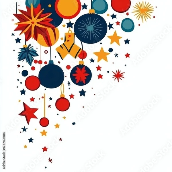 Fototapeta Colorful Christmas ornaments and decorations for the festive season. This illustration features baubles, stars, and other holiday elements, creating a cheerful atmosphere