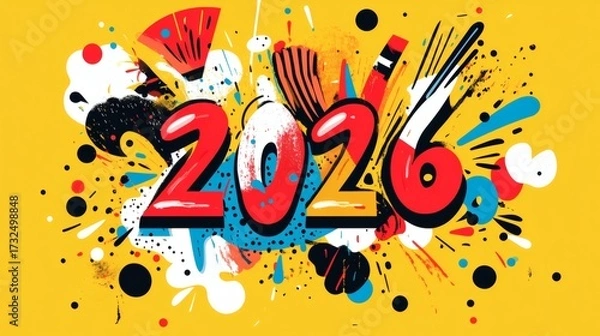 Fototapeta An artistic illustration of the year 2026, celebrating the upcoming year with a vibrant and colorful design. The design features bold typography and playful elements on a vivid yellow backdrop.