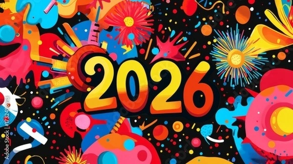 Fototapeta A vibrant and festive illustration celebrating the year 2026, featuring colorful abstract elements and a celebratory atmosphere.