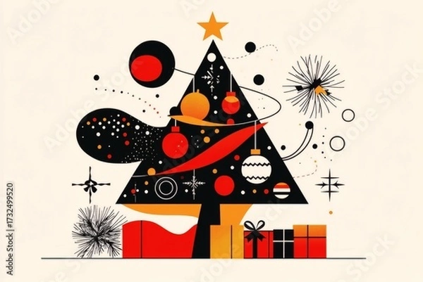 Fototapeta Festive Christmas tree with decorations and gift boxes, modern and unique abstract design