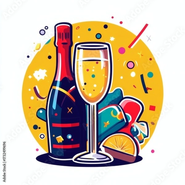 Fototapeta Cheers to celebration with a bottle of champagne, a glass and confetti and a piece of orange! The image evokes the atmosphere of a special moment, of success or joy, of a shared toast, of a holiday.