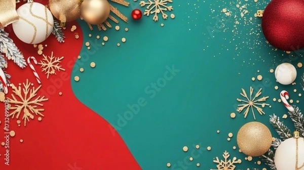 Fototapeta Festive Christmas background with red and teal colors, adorned with golden ornaments, snowflakes, and candy canes. The arrangement creates a celebratory and decorative feel