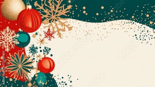 Fototapeta Festive Christmas decoration background with ornaments and snowflakes, with blank space to write 