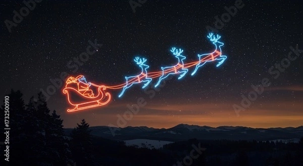 Fototapeta Santa’s sleigh outlined in neon light with glowing reindeer flying across a starry sky. Neon Santa sleigh and reindeer glowing in the night sky with stars