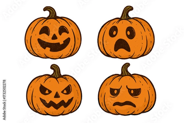 Fototapeta Set of Halloween pumpkin illustrations with various emotions. Jack O' Lantern faces. Happy, sad, angry, scared. Hand-drawn vintage style vector illustration collection.
