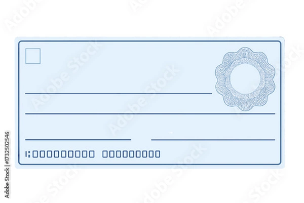 Fototapeta Blank bank check template vector. Blue business cheque design for payment. Financial document with guilloche pattern, rosette security element, and abstract watermark for voucher.