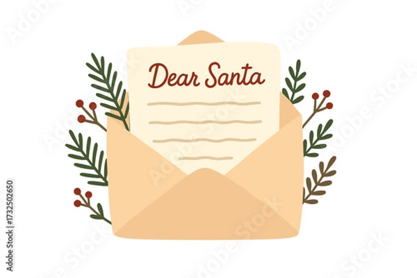 Fototapeta Christmas letter to Santa Claus in open envelope. Festive xmas mail decorated with fir branches. Holiday greeting card with wish list. Dear Santa lettering. Vector concept.