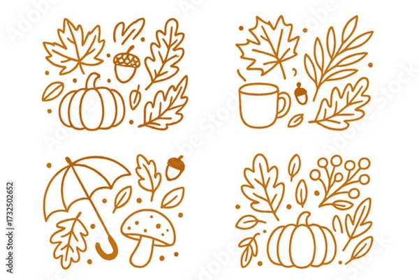 Fototapeta Autumn fall season vector collection. Hand drawn linear doodle icon set. Pumpkin, leaf, acorn, mushroom, cozy drink. Template for poster, greeting card, invitation design.