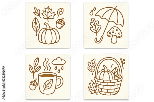 Fototapeta Set of 4 autumn line art concepts. Fall season vector illustration collection for greeting cards or posters. Includes pumpkin, cozy drink, rain umbrella, and harvest basket.