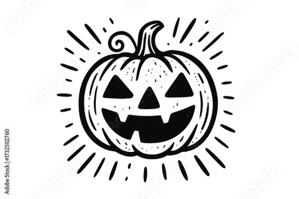 Fototapeta Hand drawn vector jack o lantern illustration. Spooky smiling pumpkin face graphic. Creep it real Halloween concept. Vintage retro woodcut linocut style art for a scary poster.