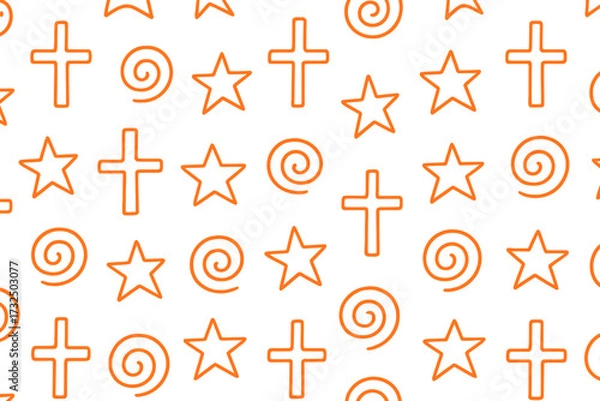 Fototapeta Hand drawn seamless vector pattern with doodle cross, star, and spiral shapes. Abstract geometric background. Simple linear sketch texture for fabric or Halloween decor.