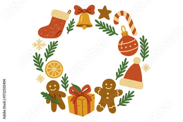 Fototapeta Christmas holiday wreath frame with cute festive icons. Hand drawn vector elements for greeting card. Winter design with gingerbread man, candy cane, gift, stocking, bell.