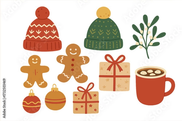 Fototapeta Christmas design elements set. Flat vector objects for holiday greeting cards. Knitted hats, gingerbread man, mistletoe, gifts, hot cocoa, baubles. Winter celebration icons.