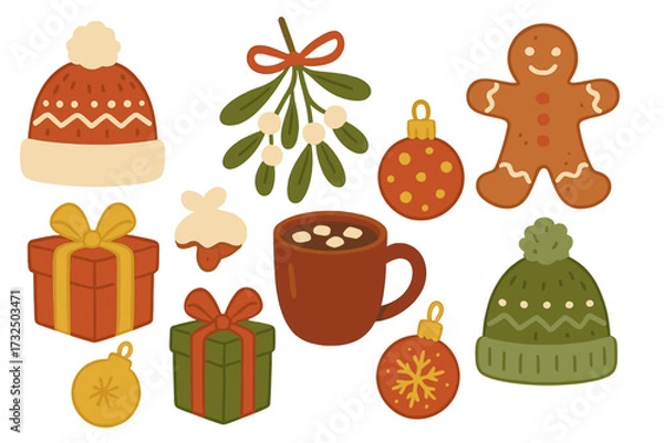 Fototapeta Christmas holiday design elements set. Vector collection of hand-drawn flat objects. Knitted hats, gingerbread man, mistletoe, gifts, hot cocoa, baubles. Winter festive icons.