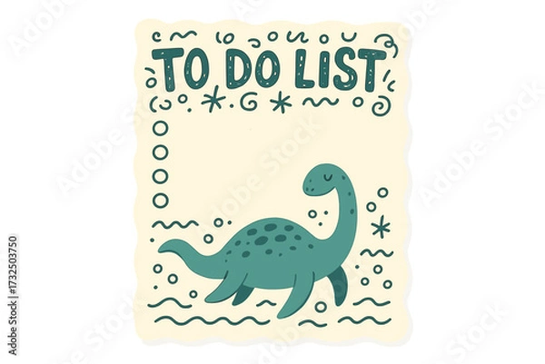Fototapeta Cute To Do List with doodle dinosaur. Funny weekly or daily planner, schedule, organizer for kids. Adorable Plesiosaur sea monster on a paper note. Vector checklist template.