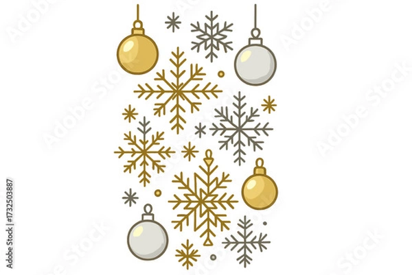 Fototapeta Happy New Year card concept with gold and silver snowflakes, hanging baubles. Vector illustration. Glückliches Neues Jahr greeting. Vertical winter holiday border design element.