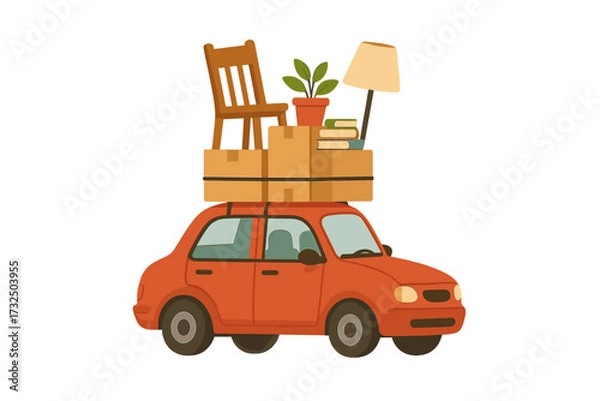 Fototapeta We are moving concept. Small red car loaded with boxes, furniture, a plant, and books. Relocation journey, transporting personal belongings to a new house. Vector illustration.