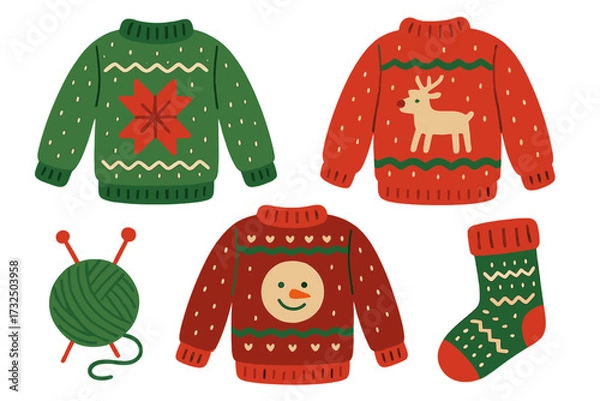 Fototapeta Vector set of cute ugly Christmas sweaters for a holiday party. Hand-drawn collection of knitted winter jumpers with snowman and reindeer. Red and green pullovers, sock, clew.