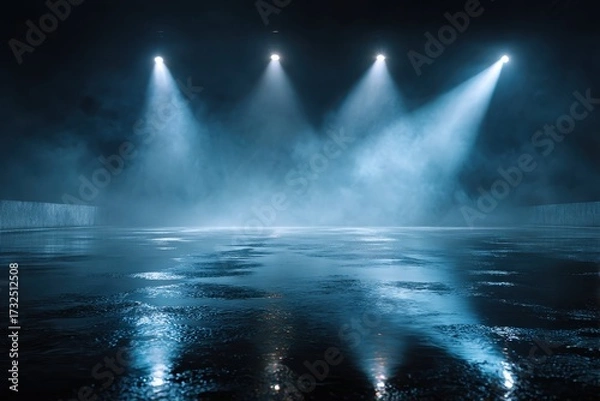 Obraz Dark street, wet asphalt, reflections of rays in the water. Abstract dark blue background, smoke, smog. Empty dark scene, neon light, spotlights. Concrete floor