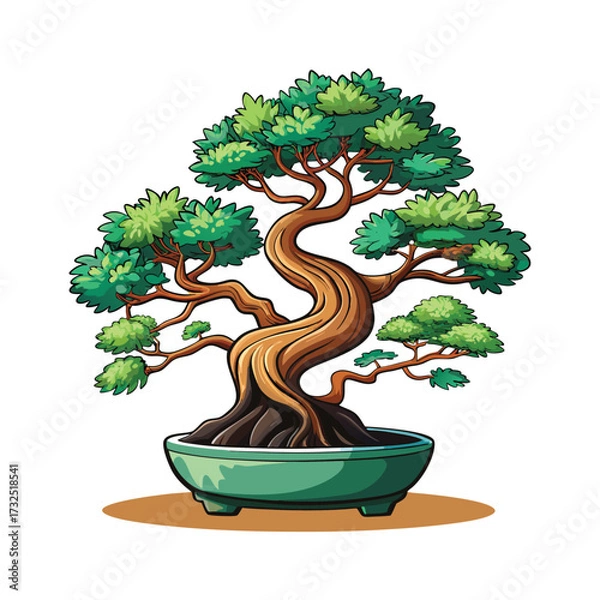 Fototapeta Artistic green bonsai tree in ceramic pot with stylized foliage and twisted trunk
