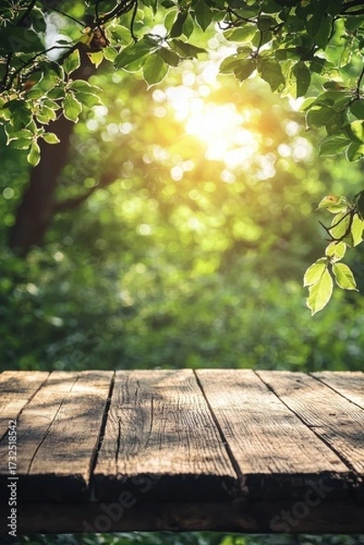 Fototapeta Rustic Wooden Table With Leafy Green Background and Sunlight