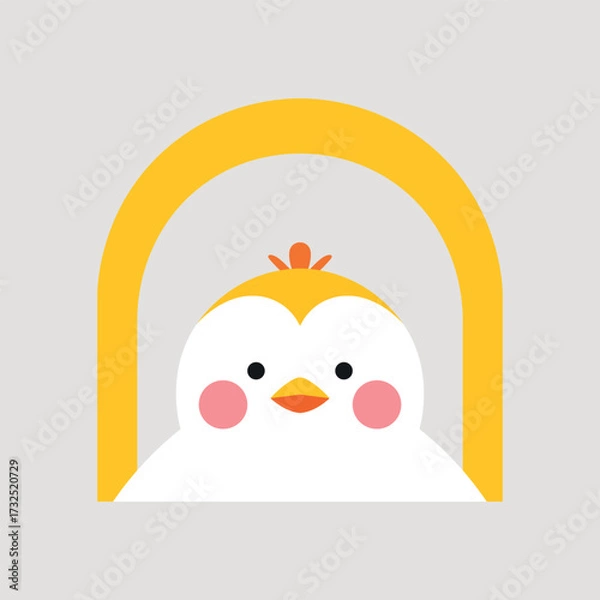Fototapeta Logo of a cute cartoon chick with rosy cheeks peeking out from under a yellow arch, isolated on a light gray background