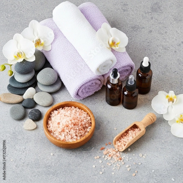 Fototapeta Relaxing spa items including bath salts essential oils and orchids