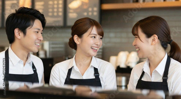 Obraz カフェで仲間と楽しそうに働くスタッフ 店員