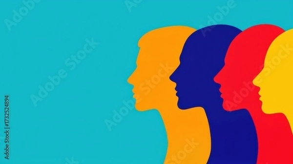 Fototapeta A colorful illustration of profile silhouettes in various hues against a blue background, symbolizing diversity and unity.