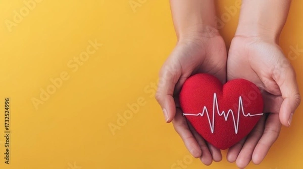 Fototapeta A pair of hands holds a red heart with a heartbeat line, set against a bright yellow background, symbolizing love and health.