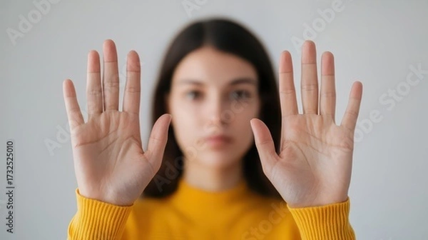 Fototapeta A young woman in a yellow sweater holds her hands up, conveying a message of stop or pause, with a neutral background emphasizing her expression.