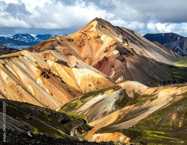 Fototapeta Colorful mountain range under a cloudy sky
