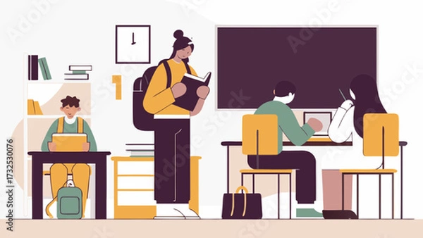 Fototapeta Illustration showing students in a classroom setting with a blackboard and desks and a clock on the wall on transparent background silhouette
