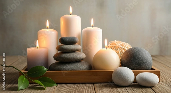 Fototapeta Relaxing spa scene with glowing candles and stacked stones for a tranquil meditation space or wellness brand promotion