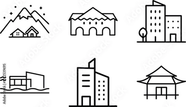 Fototapeta Set of 6 Minimal Line Icons of Houses, Buildings, and Architecture – Residential, Commercial, and Modern Real Estate Vector Illustrations on White Background