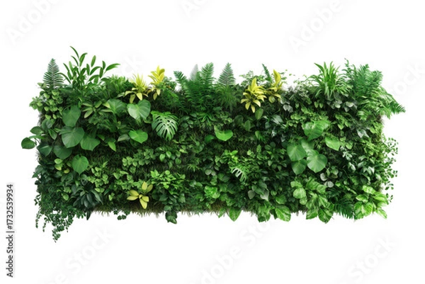 Fototapeta Lush green artificial vertical garden wall with diverse foliage isolated on transparent background. Vertical garden isolated on white background, 3d rendering.