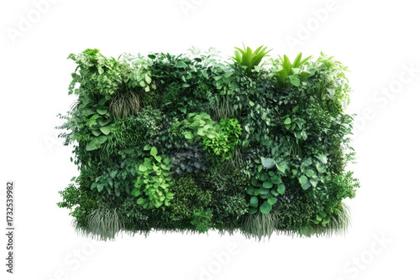Fototapeta Lush green vertical garden wall with various plants isolated on transparent background. Vertical garden isolated on white background, 3d rendering.
